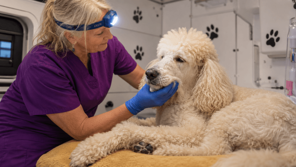 Licensed dental technician performing pet dental care on a Border Collie inside the Magic Paws mobile van