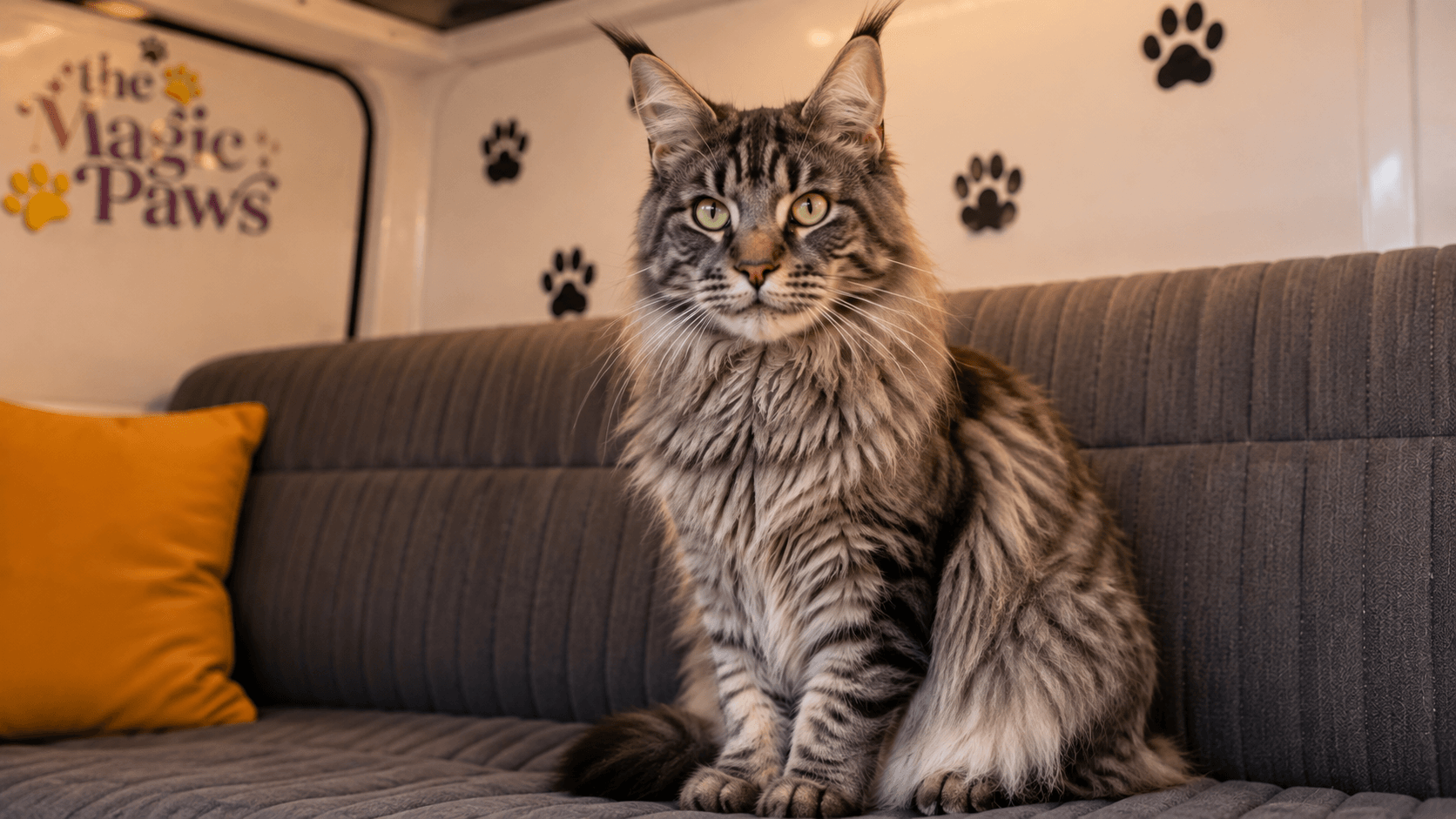 Alert Maine Coon cat inside van after pet dental cleaning without anesthesia