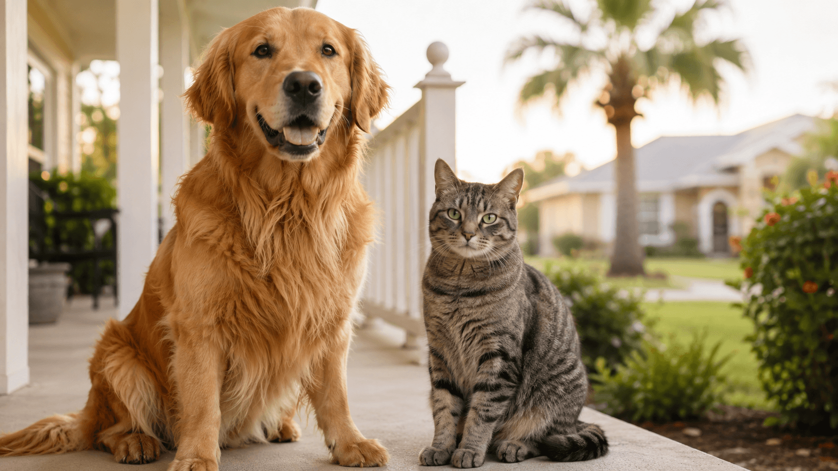 Golden retriever and tabby cat sitting side by side outdoors during pet dental health month