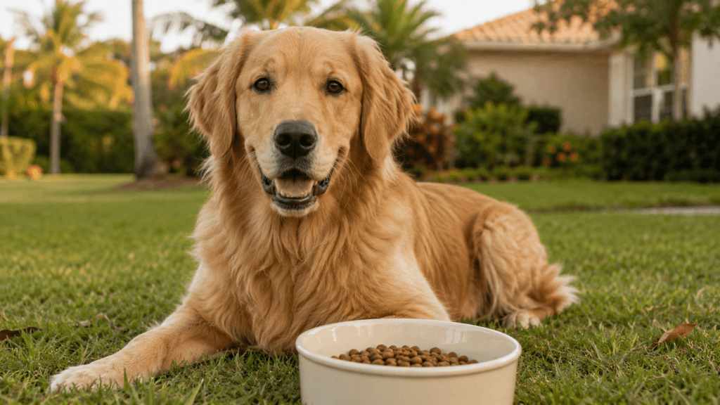 Golden retriever next to food bowl illustrating pet food to prevent tartar buildup