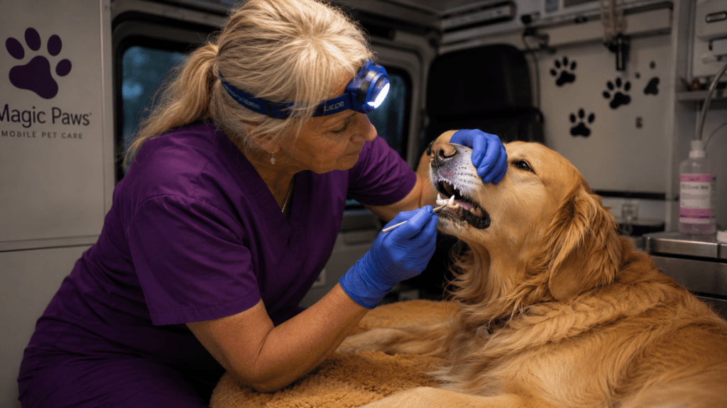 Technician performing anesthesia-free dental cleaning as complement to pet food to prevent tartar buildup