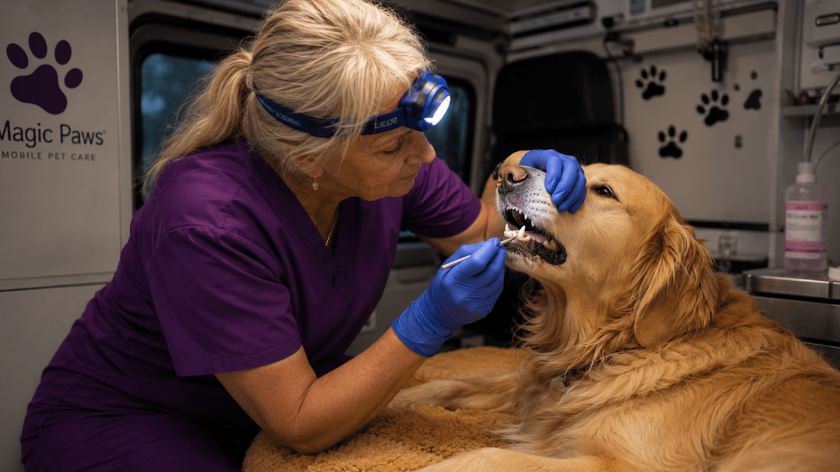 Technician performing anesthesia-free dental cleaning as complement to pet food to prevent tartar buildup