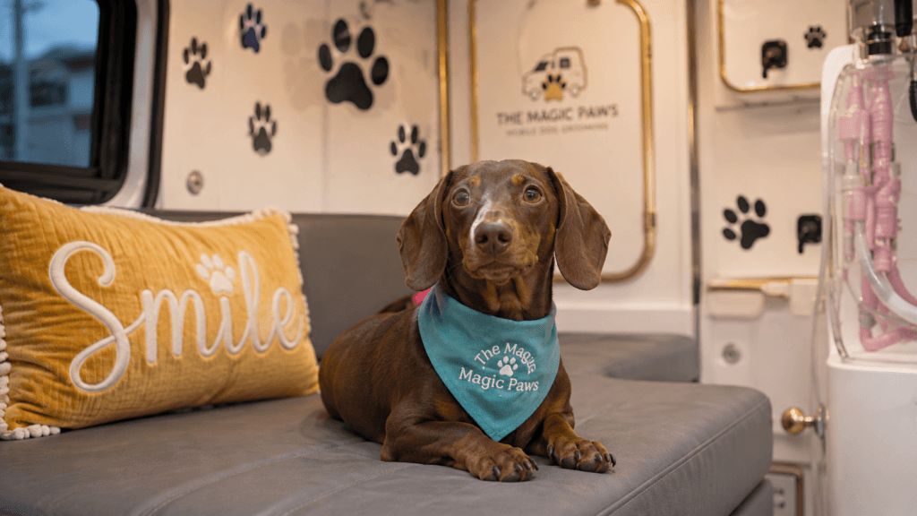 Calm dog inside The Magic Paws van showing anesthesia-free dental care as complement to pet food to prevent tartar buildup