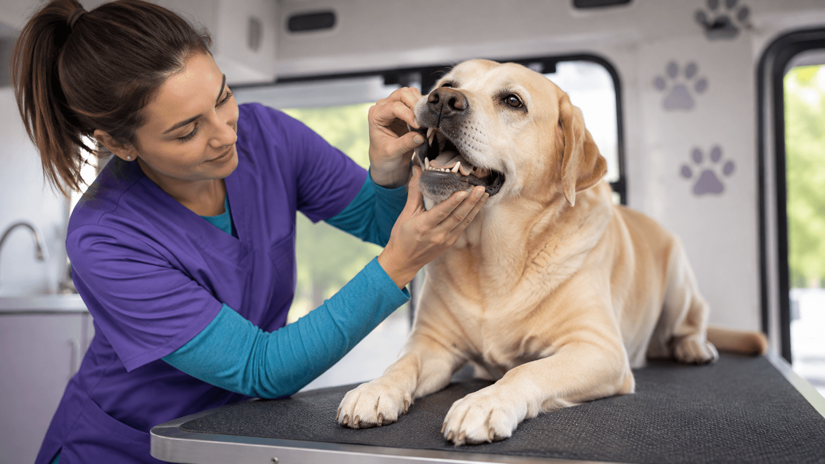 Senior dog dental disease check performed calmly during a routine mobile evaluation.