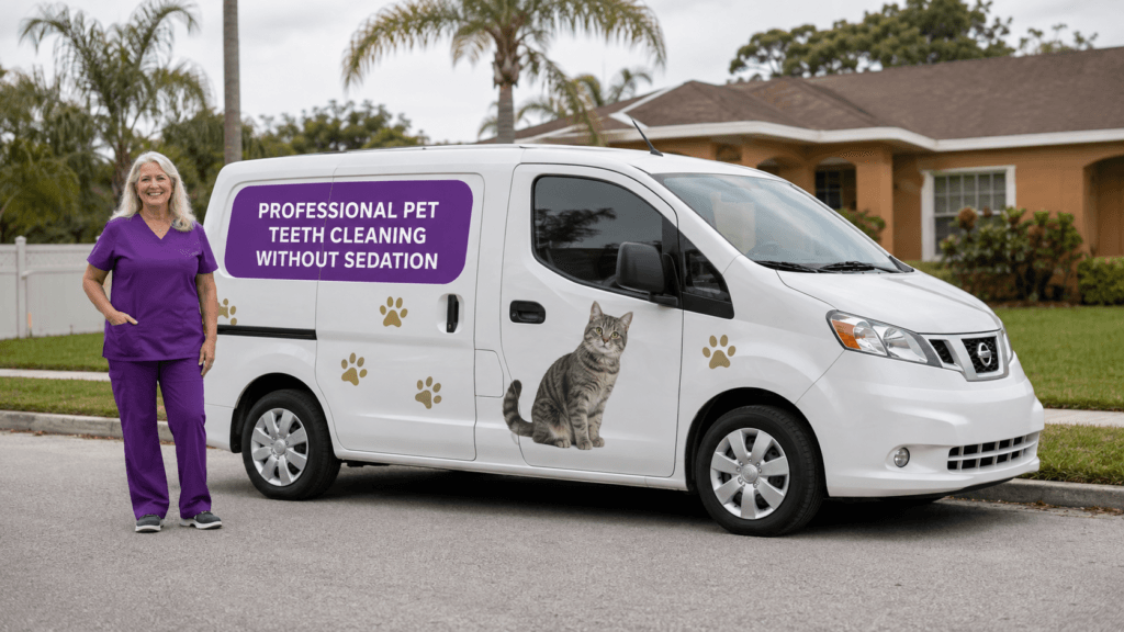 The Magic Paws van parked at a Florida residential home with technician in purple scrubs ready to receive the pet.