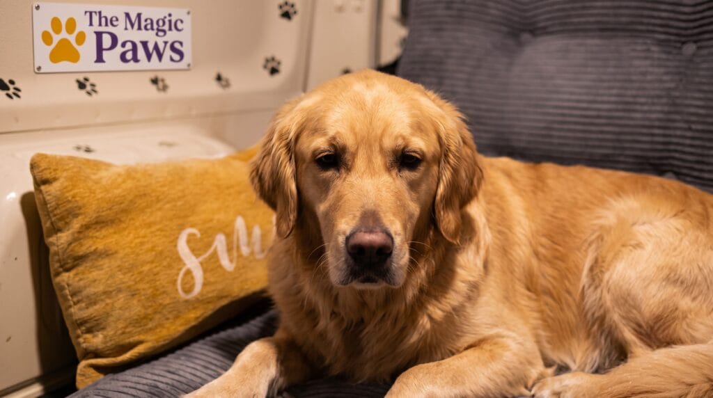 Golden retriever resting calmly inside the Magic Paws van — dog tooth pain symptoms often go unnoticed