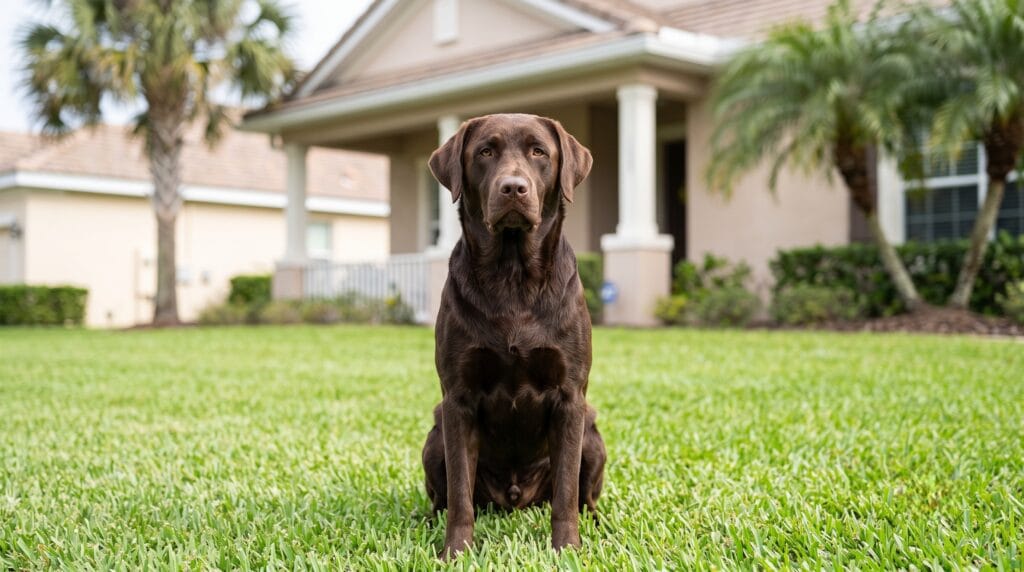 Chocolate Labrador sitting on Florida lawn — dog tooth pain symptoms can progress silently even in healthy-looking pets