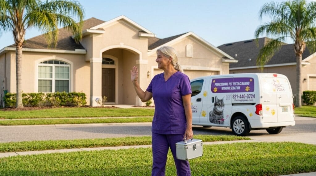 Magic Paws technician arriving at a Florida home — preventing dog tooth pain symptoms with anesthesia-free professional cleaning