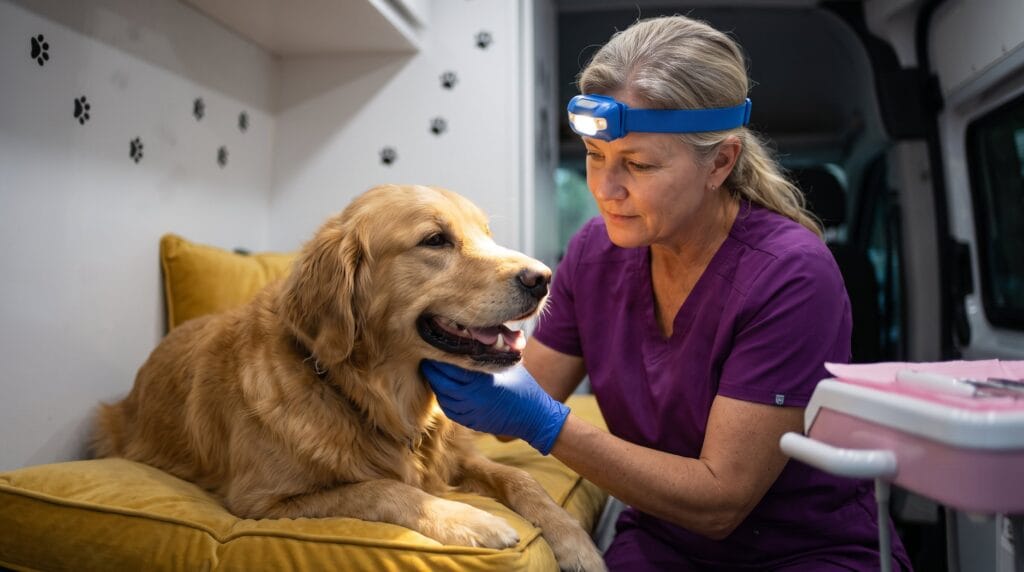 Magic Paws technician performing anesthesia-free dog dental cleaning on a calm Yorkshire Terrier inside the mobile van