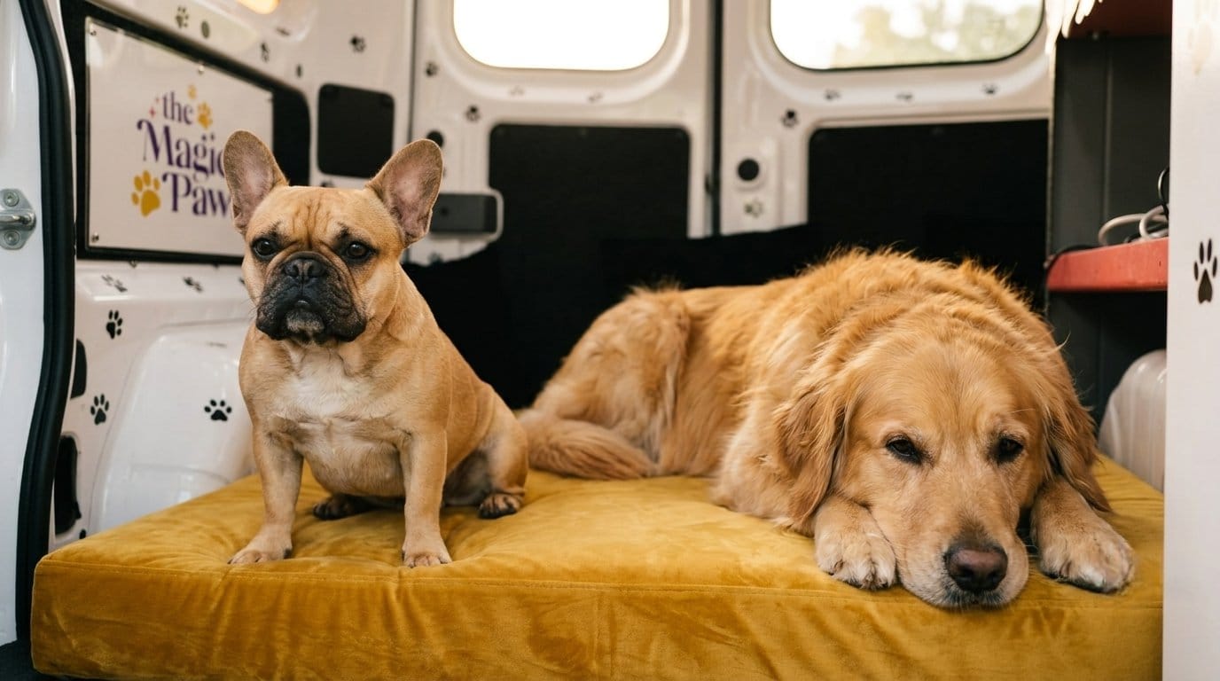Small French Bulldog and large Golden Retriever resting inside The Magic Paws van, illustrating dog teeth cleaning frequency by breed size