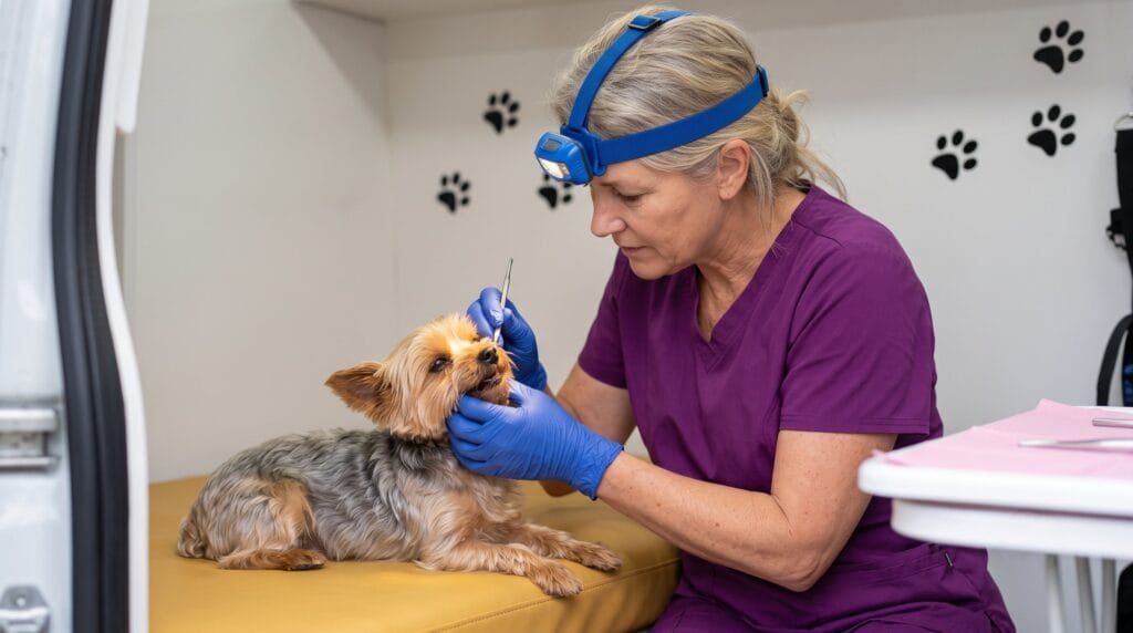 Technician performing anesthesia-free dental cleaning on a Golden Retriever inside The Magic Paws mobile van — how often should dogs get their teeth cleaned